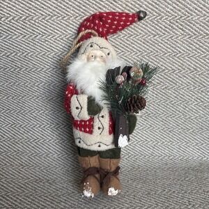 Woodland Santa Figurine 1" Ornament Tan Pants Boots Skis Greens Pinecone